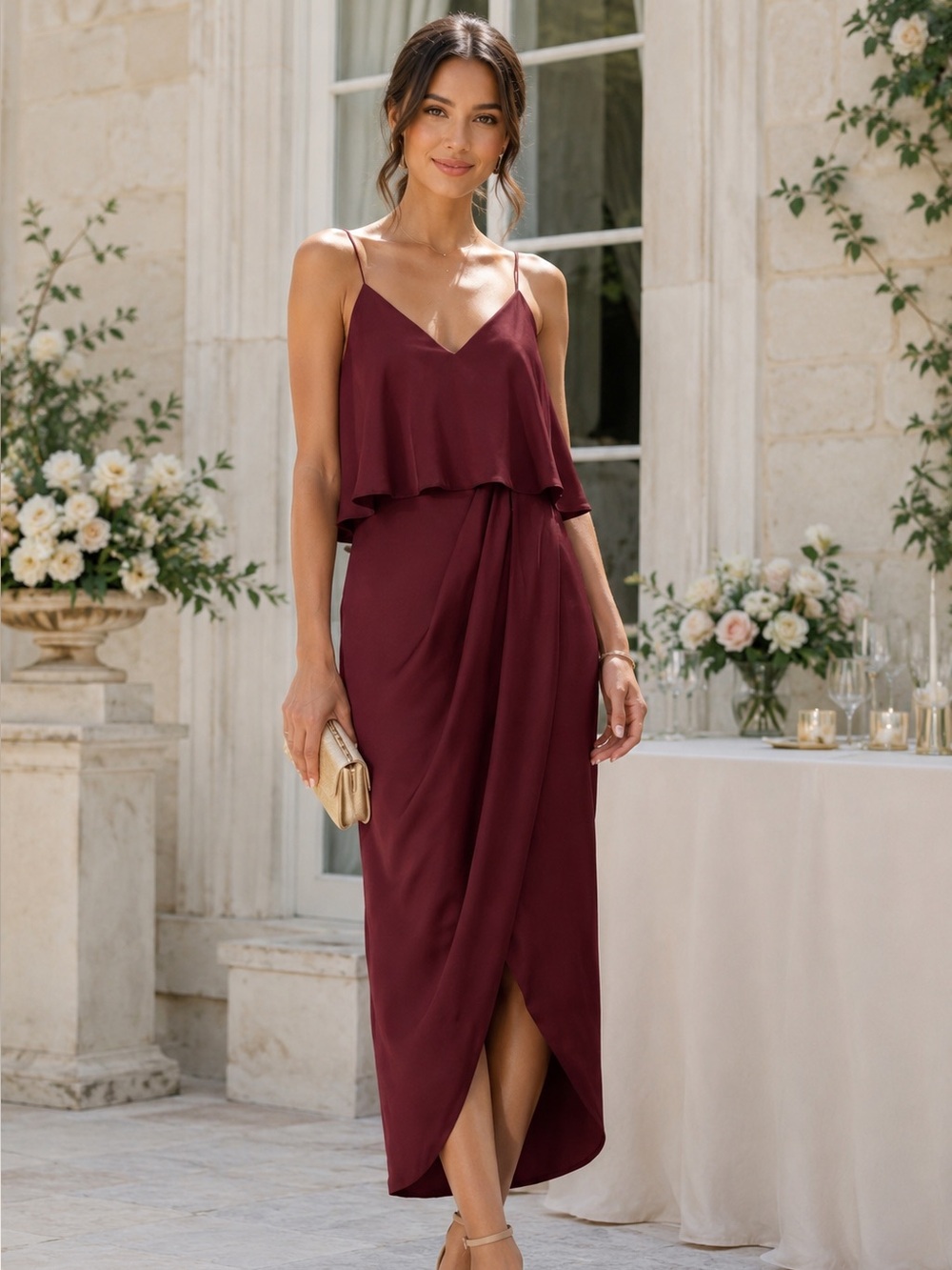 Shona Joy Women’s Luxe Cocktail Frill Dress Garnet Burgundy